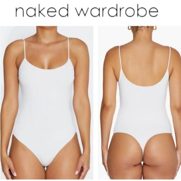 Naked Wardrobe NEW White Spaghetti Strap Neutral Base Layer Cheeky Bodysuit L - Picture 1 of 7
